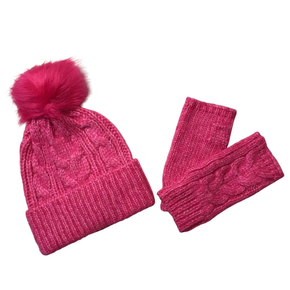 Cable Knit Pom Pom Beanie and Gloves Set